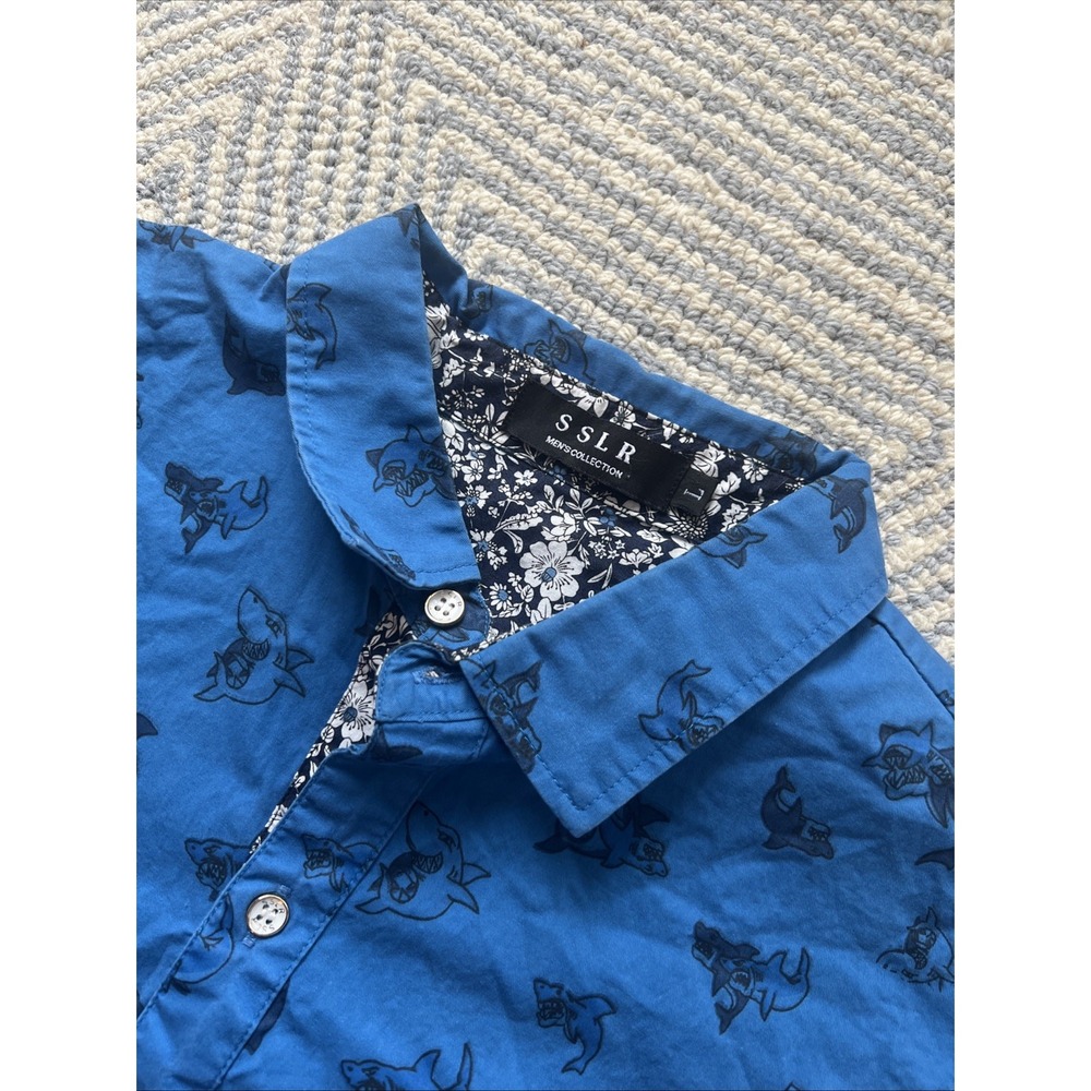 SSLR‎ Short Sleeve Button Shirt - Shark AOP - Blue - Large